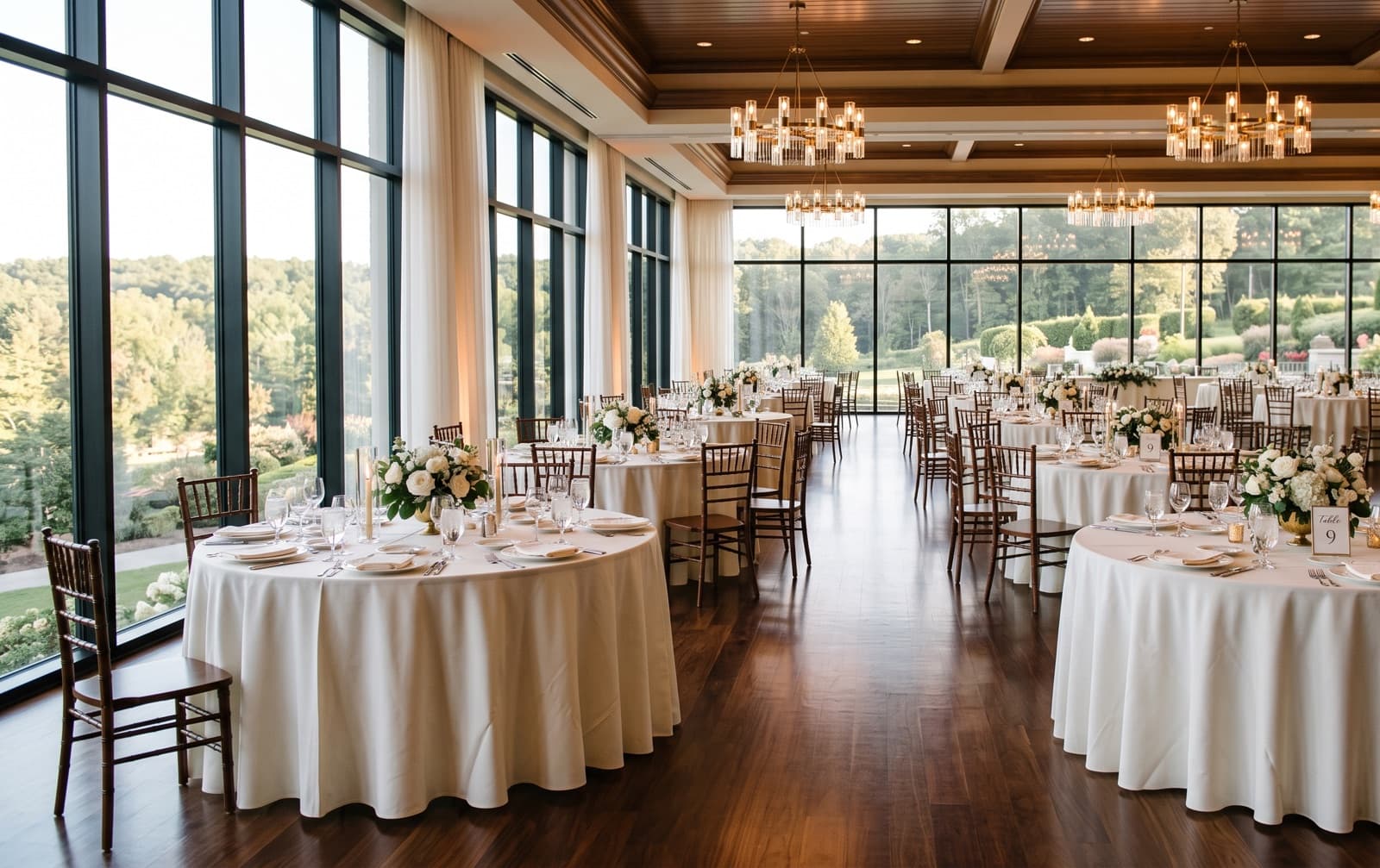 Elegant ballroom reception with round tables and floor-to-ceiling windows