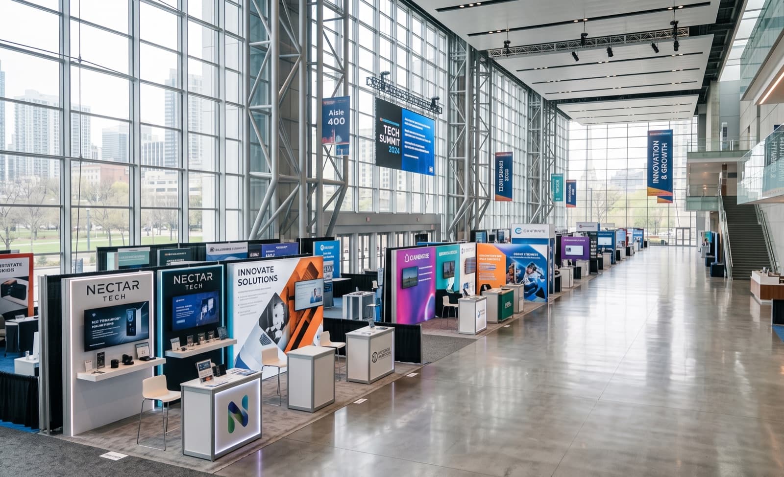 Trade show expo hall lined with exhibitor booths