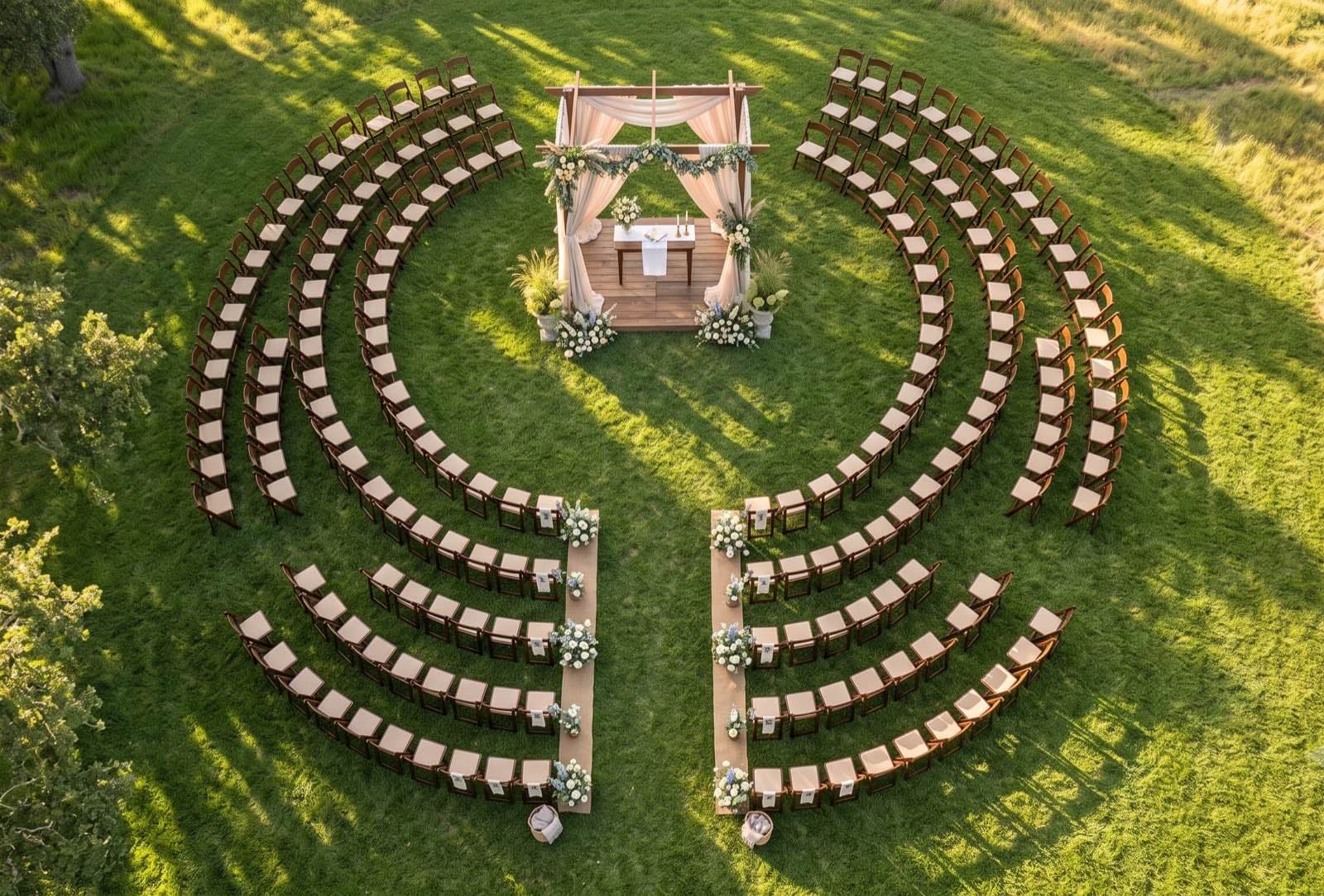Aerial view of a circular outdoor wedding ceremony layout
